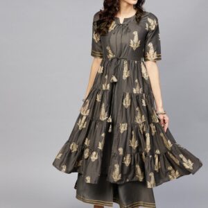 Grey Printed Silk Kurta Set