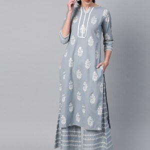 Grey Printed Cotton Kurta Set