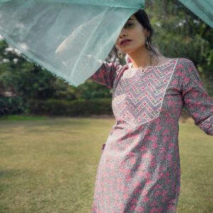 Grey Printed Cotton Suit Set